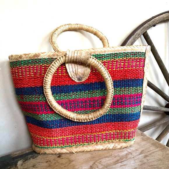MEXICAN WOVAN BASKET TOTE Colorful Serape Vtg Lg - Picture 9 of 9